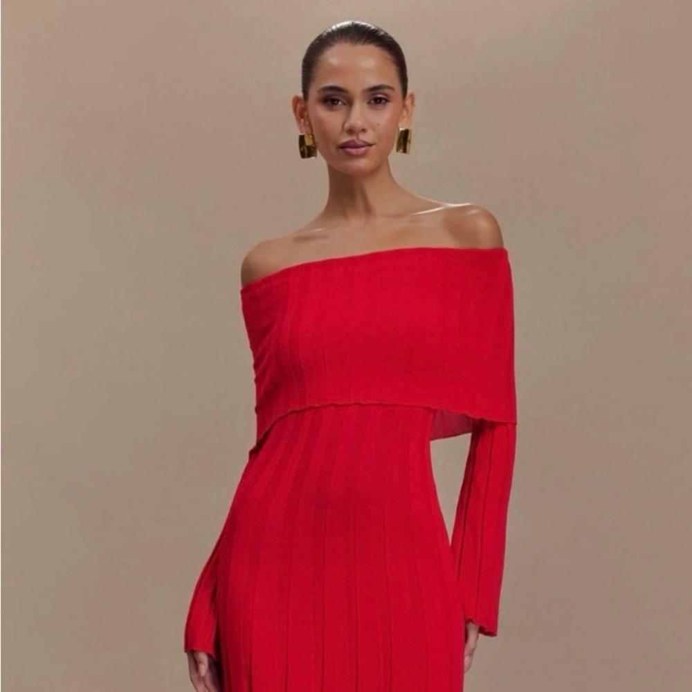 Meshki Red Off-Shoulder Maxi Dress
